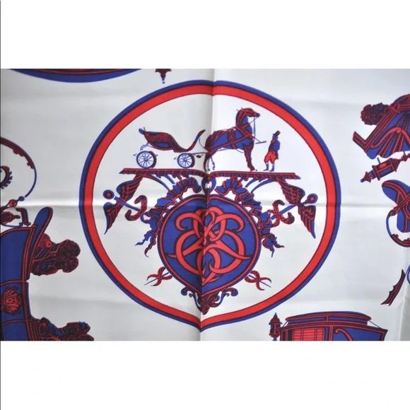 Authentic HERMES Carre 90 Scarf Carriage Motif Silk Red Fort of July colors - Picture 8 of 12